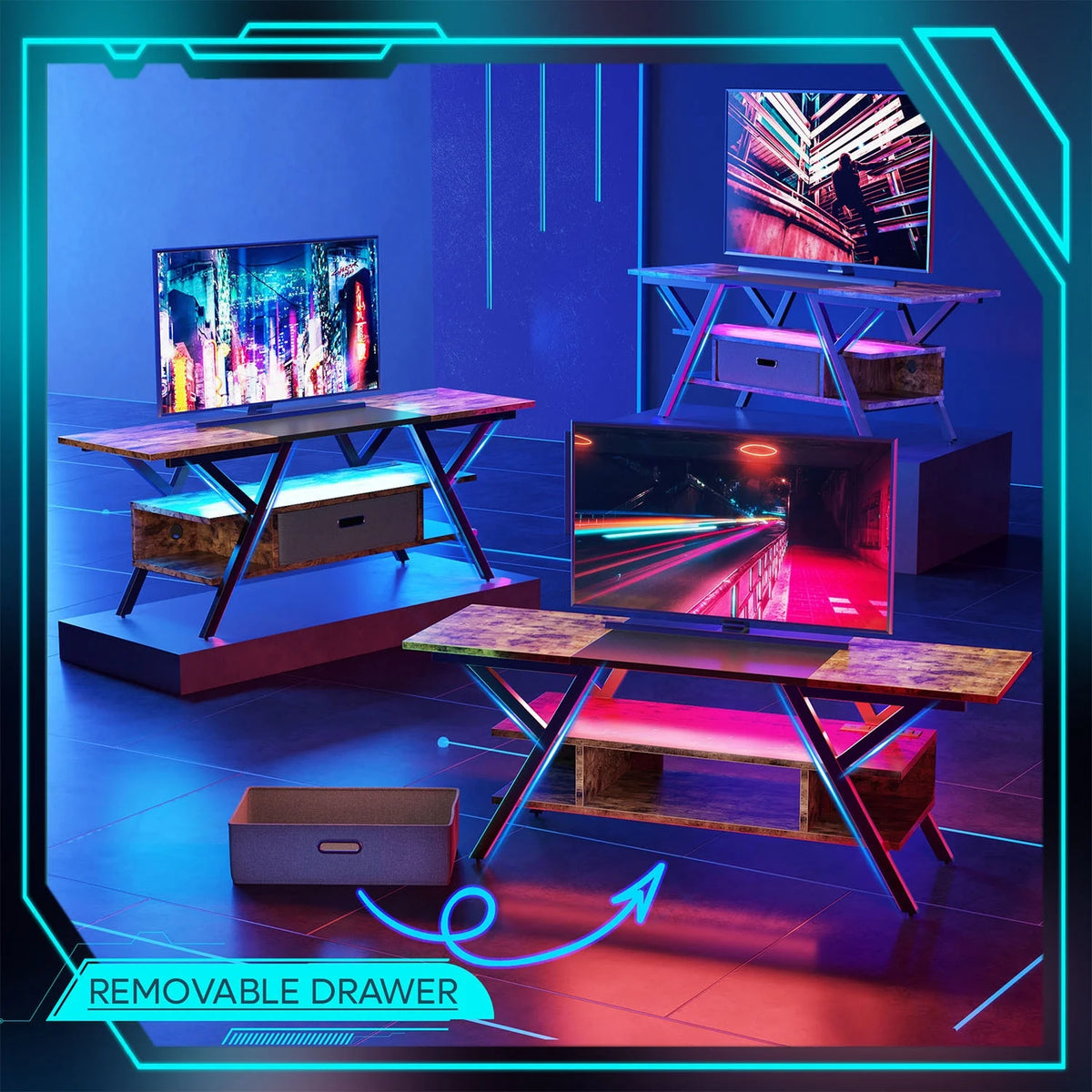 55 Gaming TV Stand with Power Outlet LED Entertainment Center O5785
