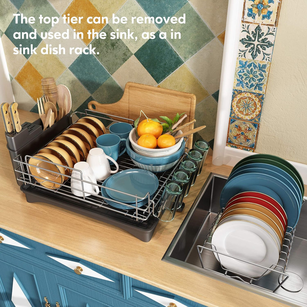 2 Tier Stainless Steel Dish Drying Rack and Drainboard Set with Utensil Holder U465662