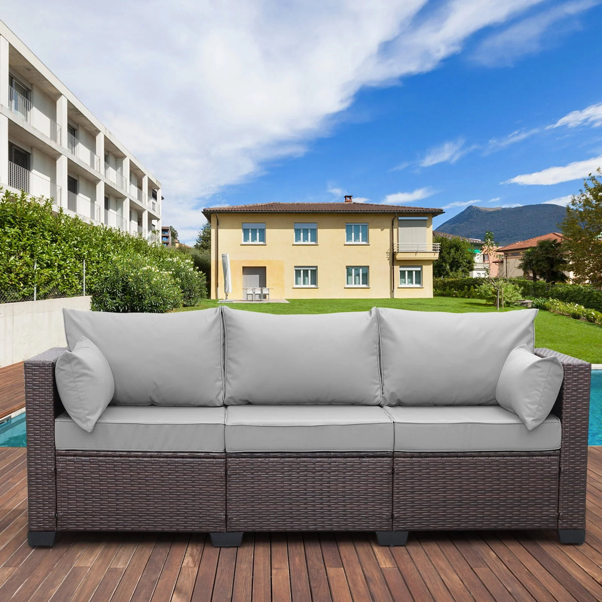 3-Seat Gray Wicker Rattan Patio Sofa with Cushions L693