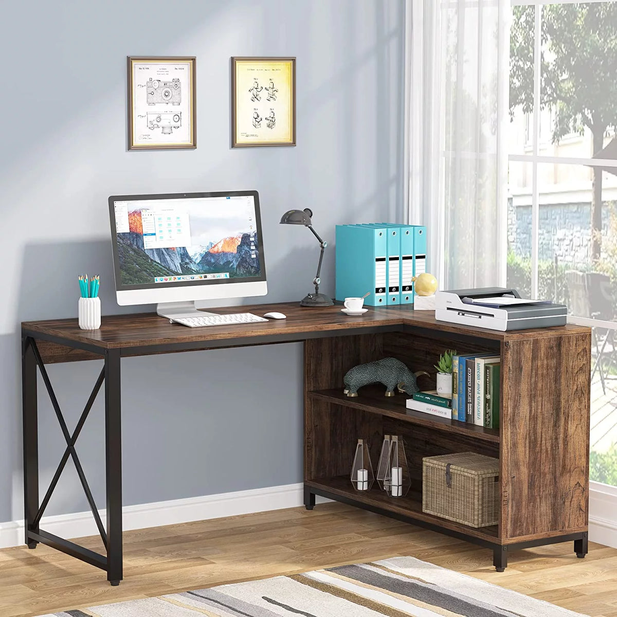 55" Reversible L Shaped Corner Computer Desk with Storage Shelves G5751