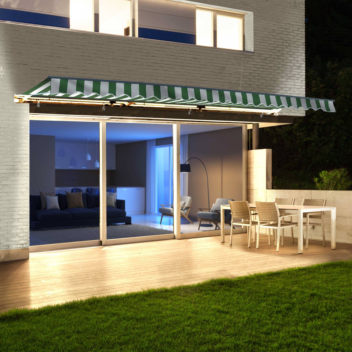 Motorized LED Half Cassette Retractable Awning 10 x 8 Feet Green/White S623233