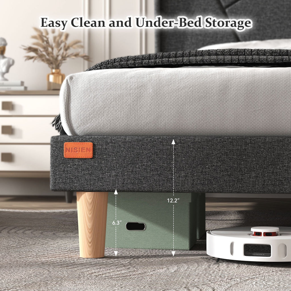 Queen Upholstered Platform Bed Frame with Wingback Storage Headboard K106