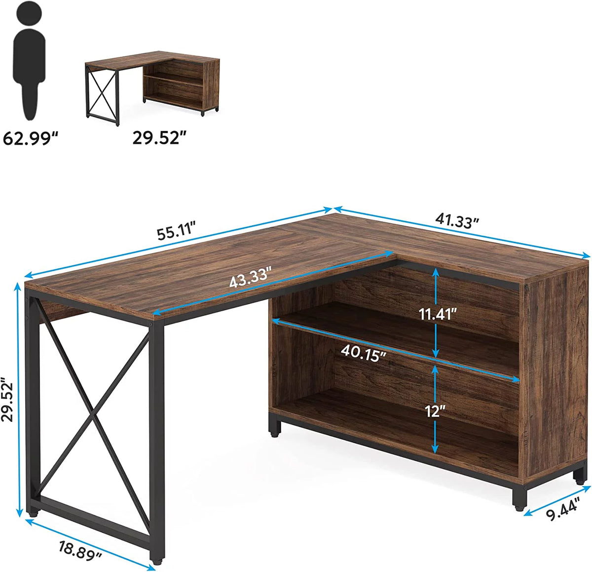 55" Reversible L Shaped Corner Computer Desk with Storage Shelves G5751