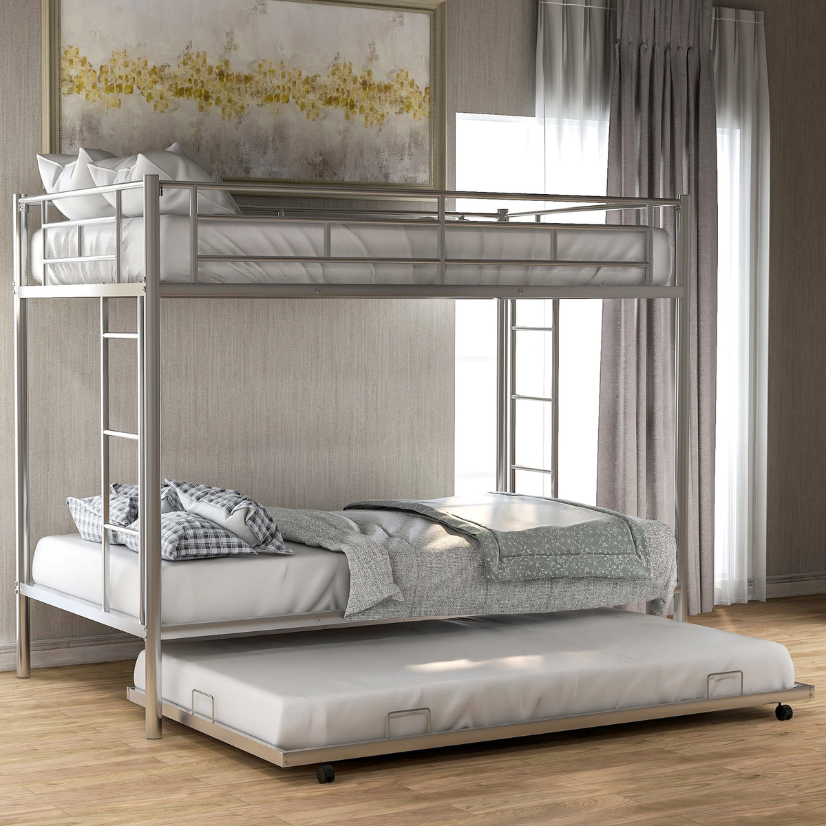Black Metal Twin over Twin Bunk Bed with Trundle U67133