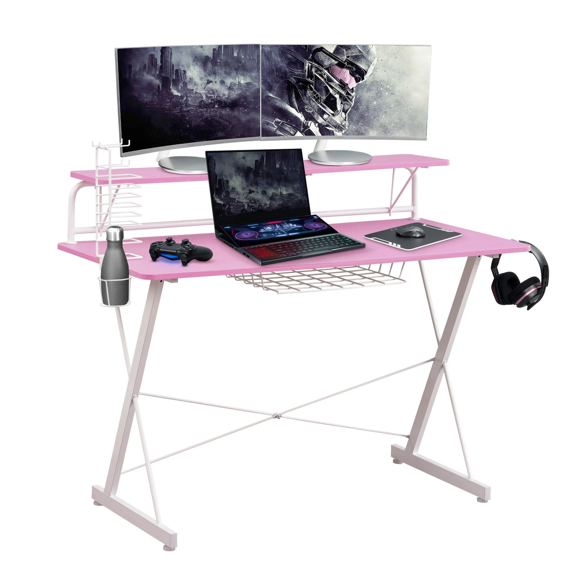Computer Gaming Desk with Shelve - 41.5" - Pink and White Q835