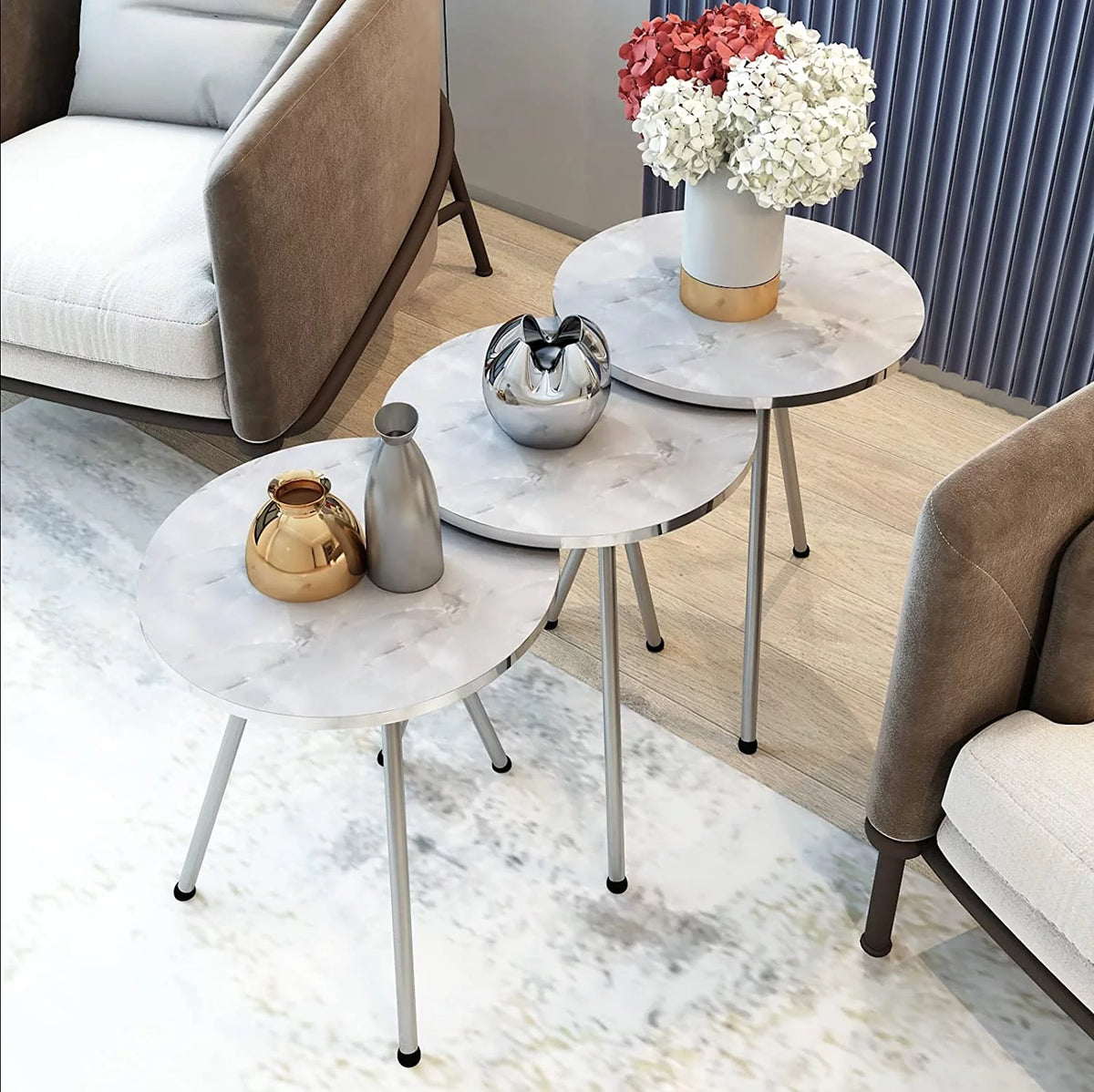 Round Nesting End Tables White Marble Silver D6110