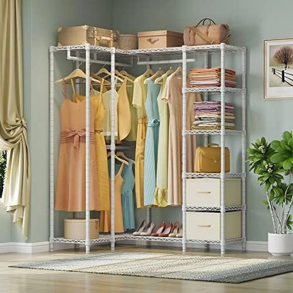 L Shaped Heavy Duty Garment Rack with Drawer White W97962