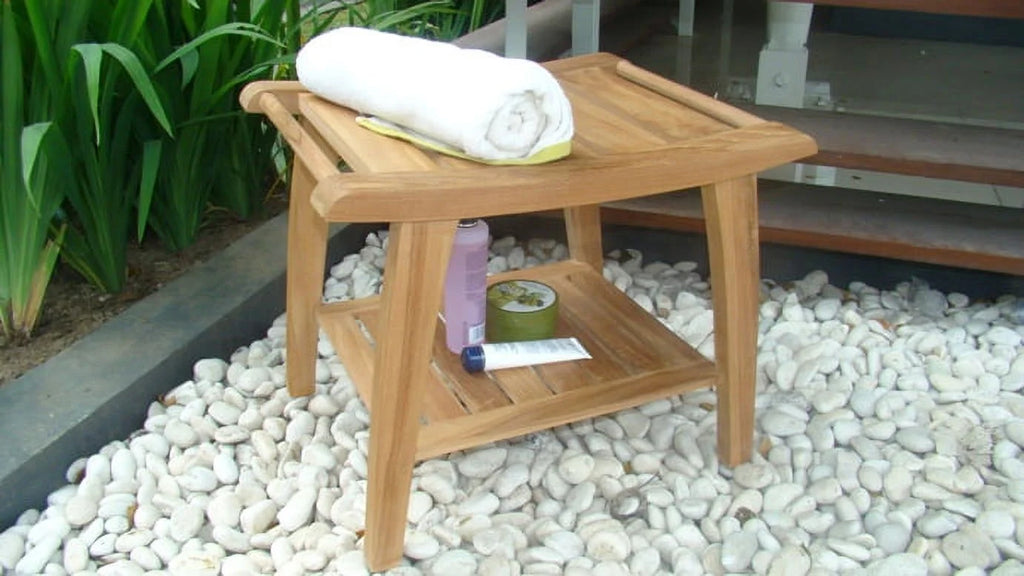 All Teak Wood Shower Bathroom Pool Bench Stool with Shelf C880791
