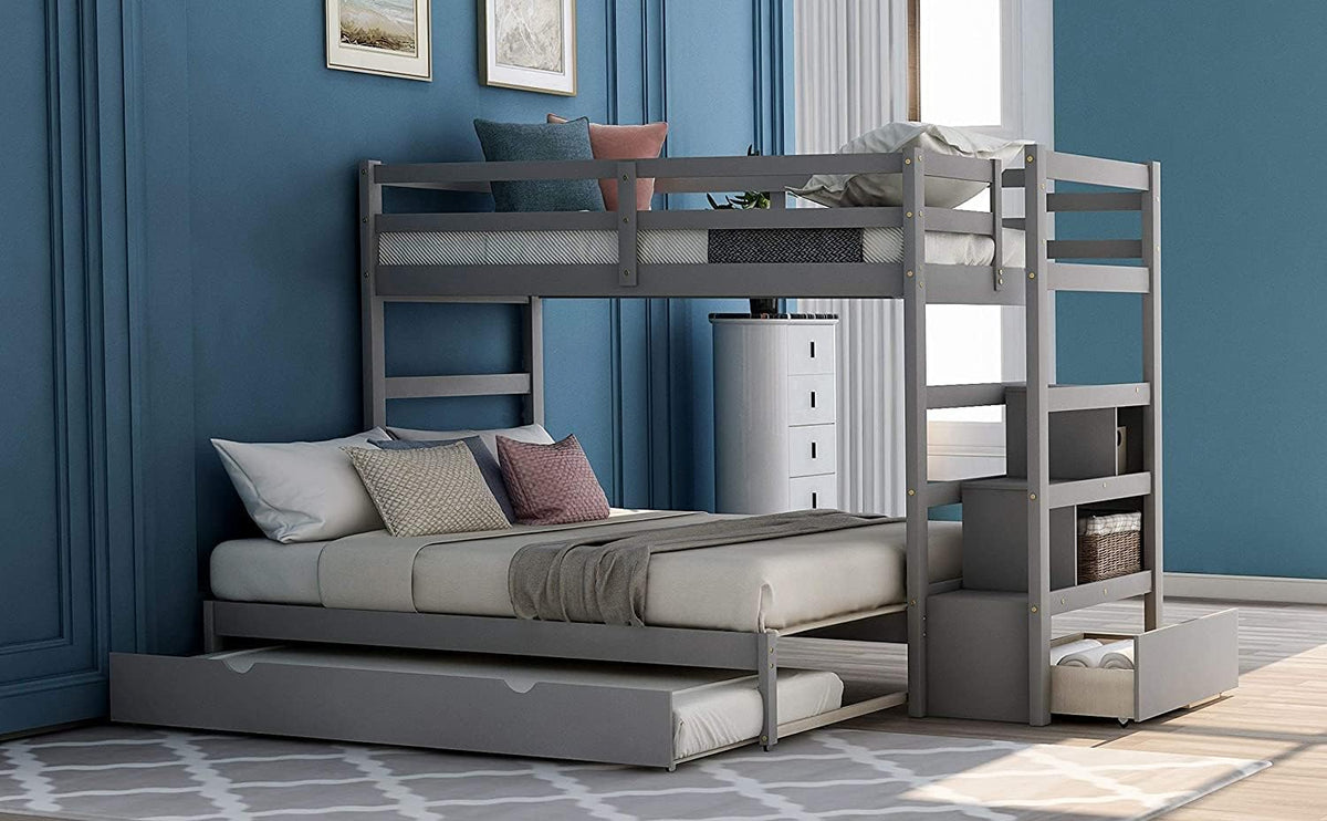 Grey Twin Over Twin Low Bunk Bed with Slide and Ladder R7562