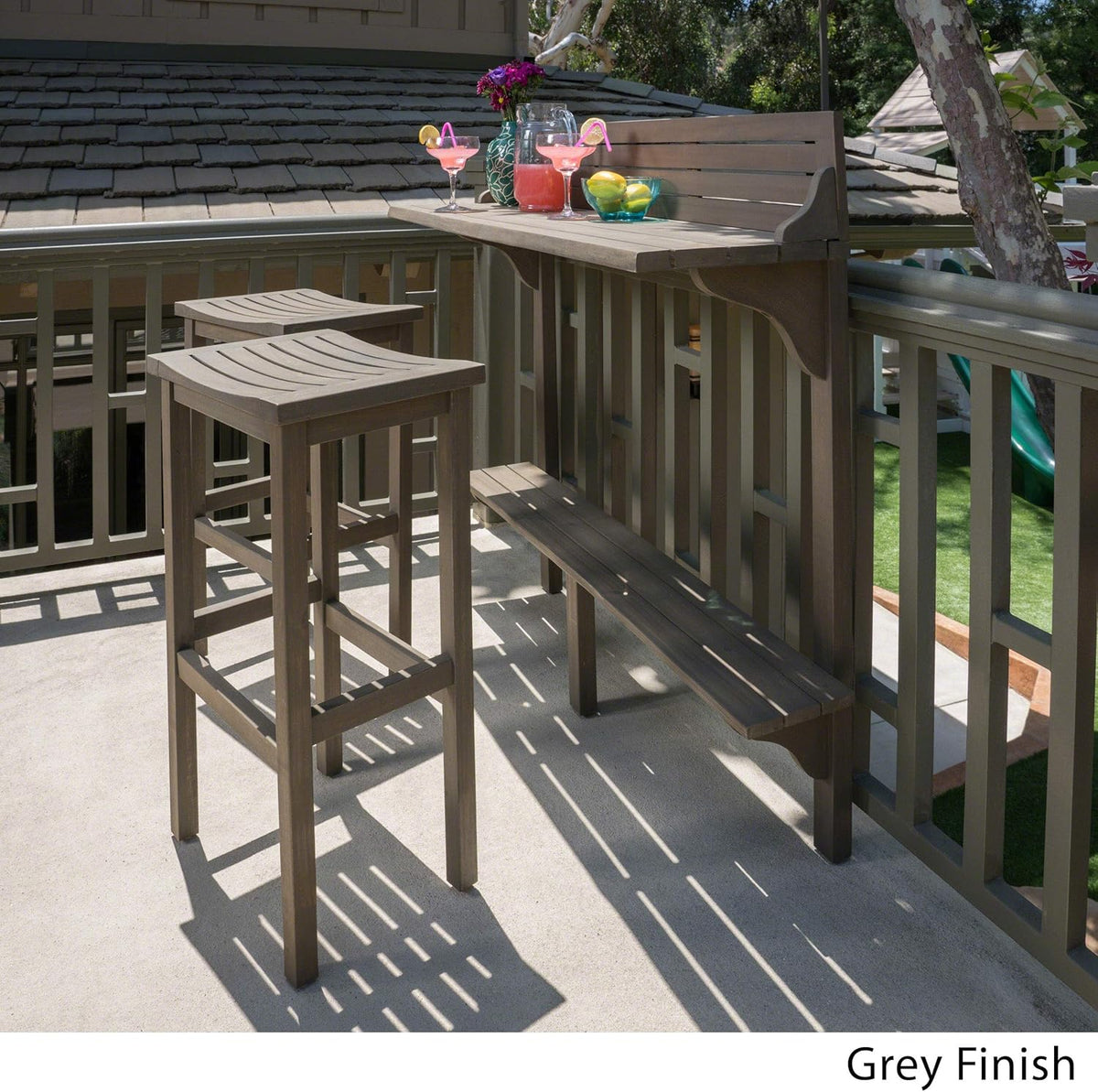 3-Pcs Acacia Wood Outdoor Bar Set, Grey Finish N4557