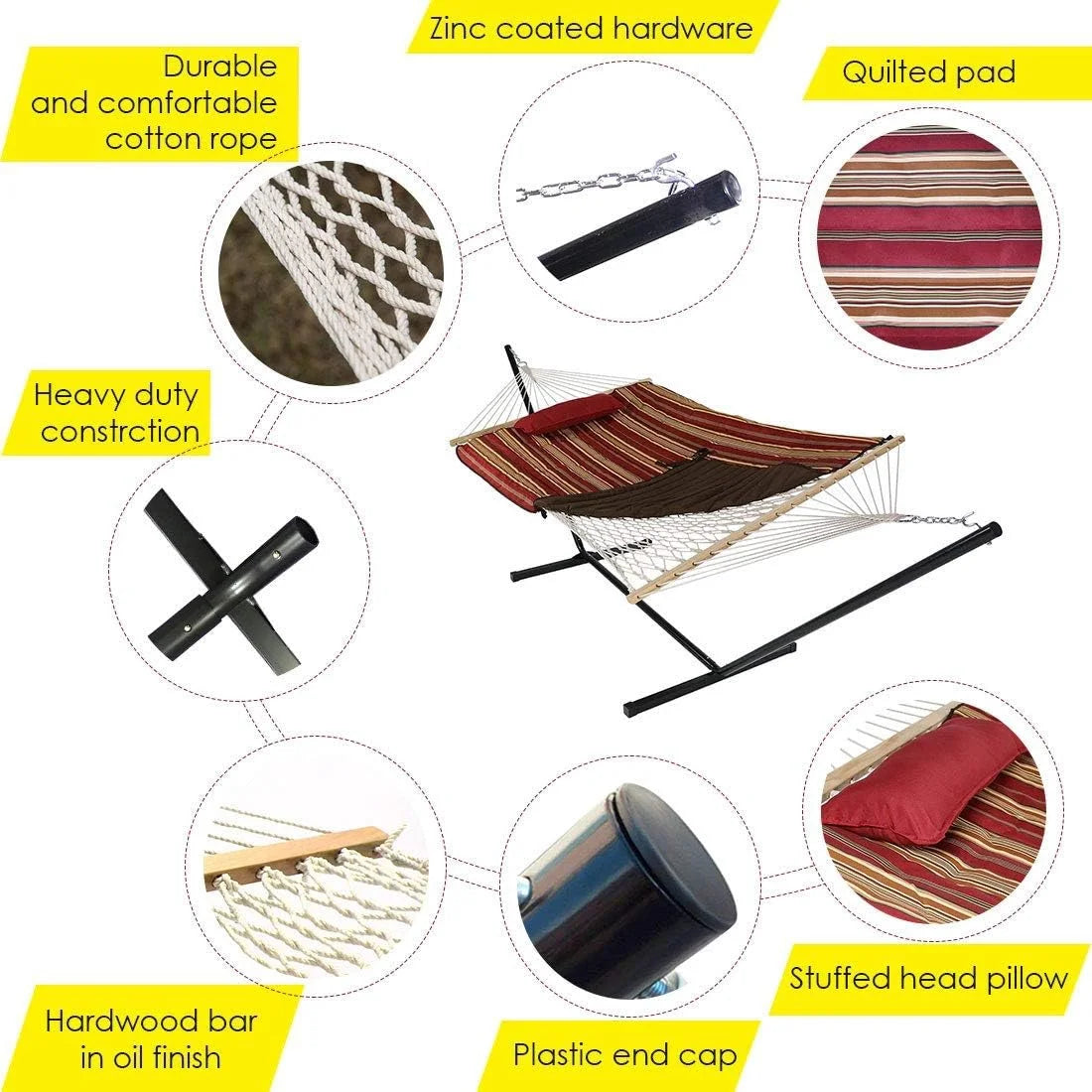 Double Outdoor Hammock with Stand, 2 Person Cotton Rope Hammock with Polyester Pad and Pillow F5981