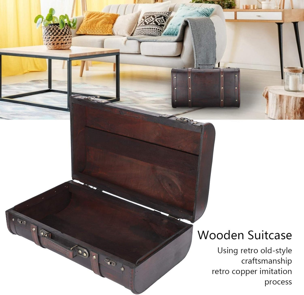 Vintage Wooden Suitcase with Buckle Lock Storage Chest M984476