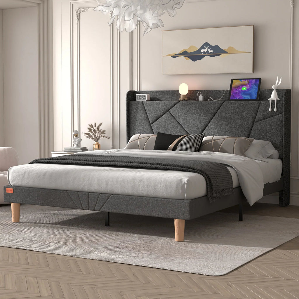 Queen Upholstered Platform Bed Frame with Wingback Storage Headboard K106