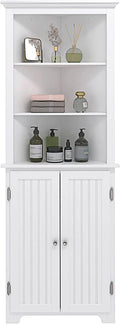 White Tall Corner Bathroom Cabinet with Doors and Hutch Y631