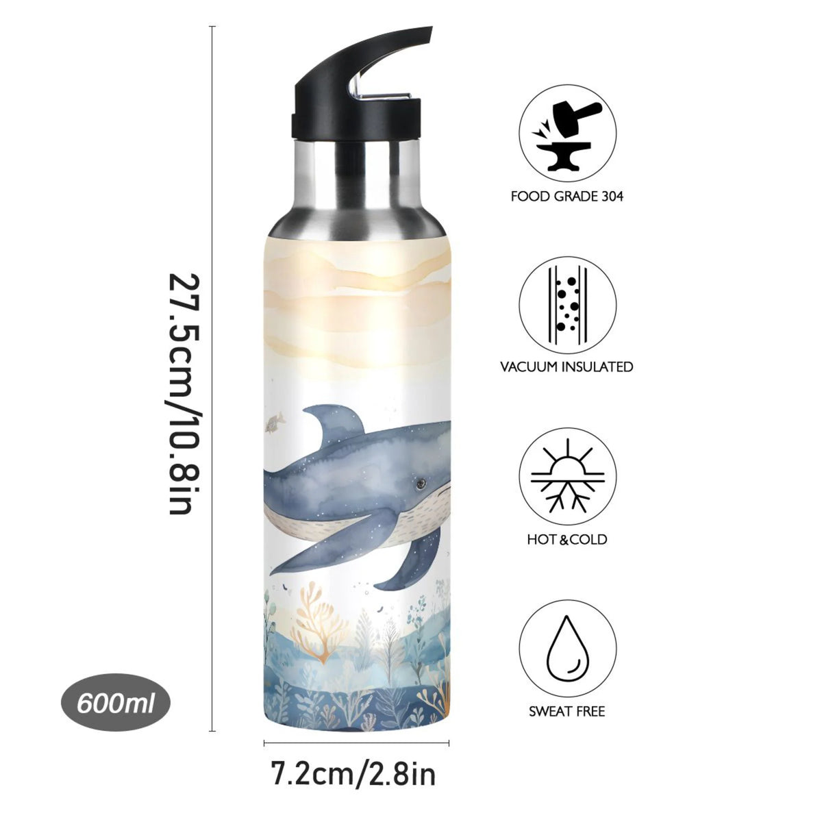 Stainless Steel Insulated Thermos Vacuum Flask Water Bottle with Straw Lid O745642