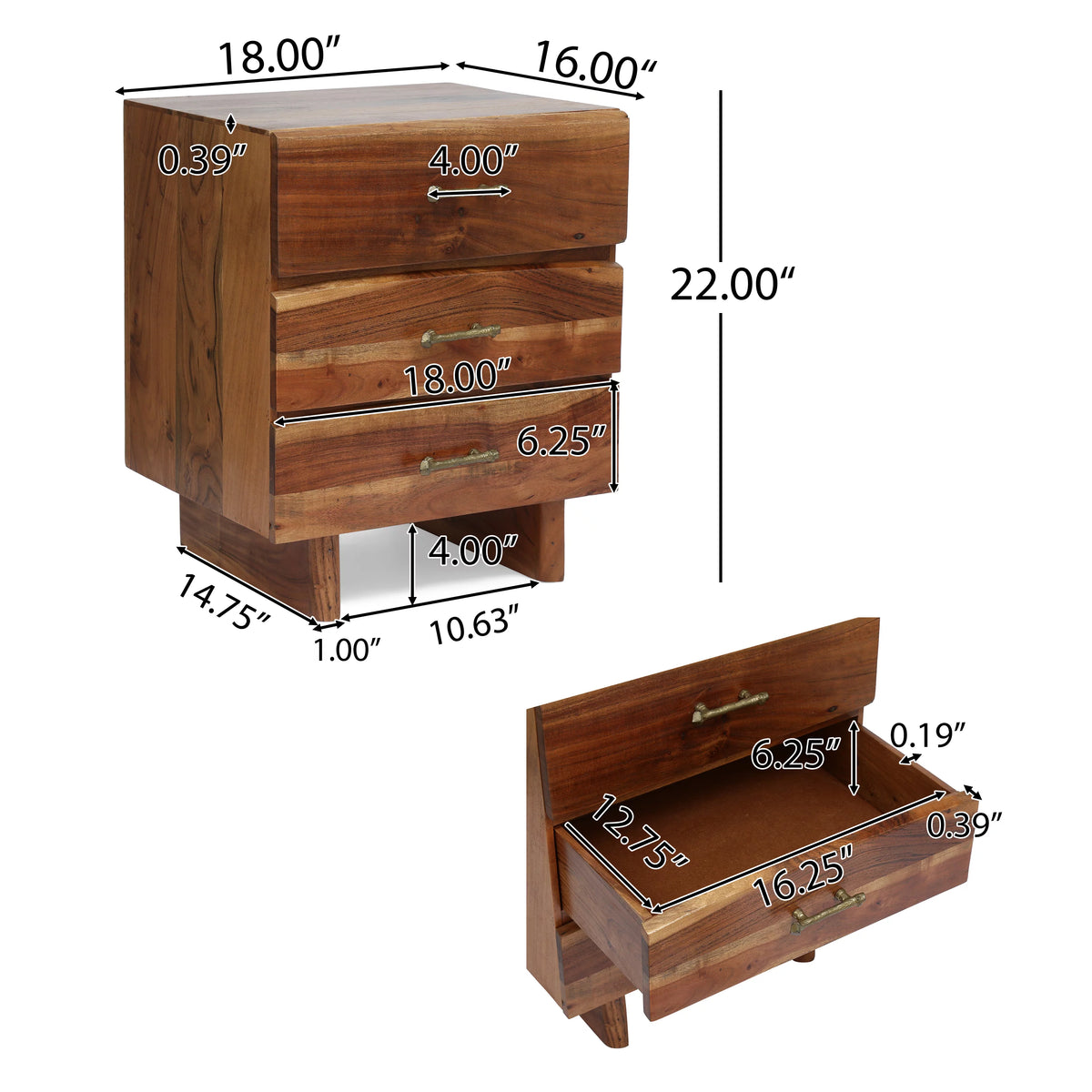 Acacia Wood 3 Drawer Nightstand J68401