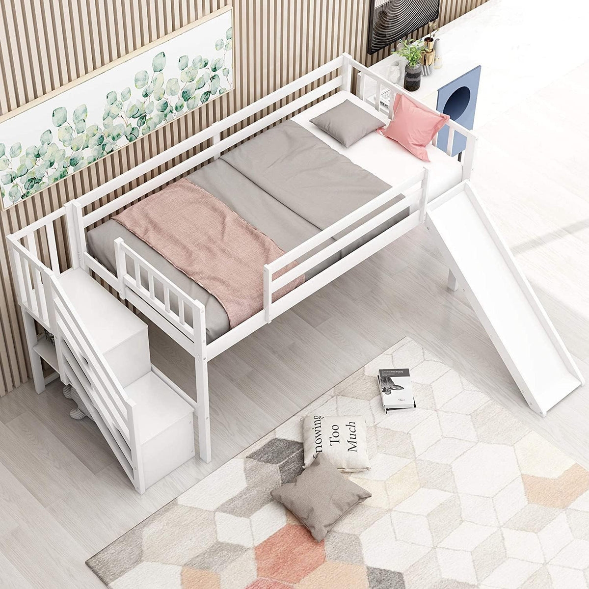 Grey Twin Over Twin Low Bunk Bed with Slide and Ladder R7562