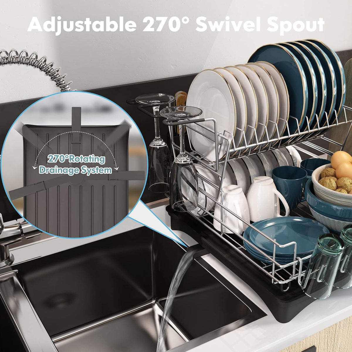 2 Tier Stainless Steel Dish Drying Rack and Drainboard Set with Utensil Holder U465662