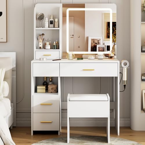 White Vanity Desk with Lighted Mirror and Stool K2087