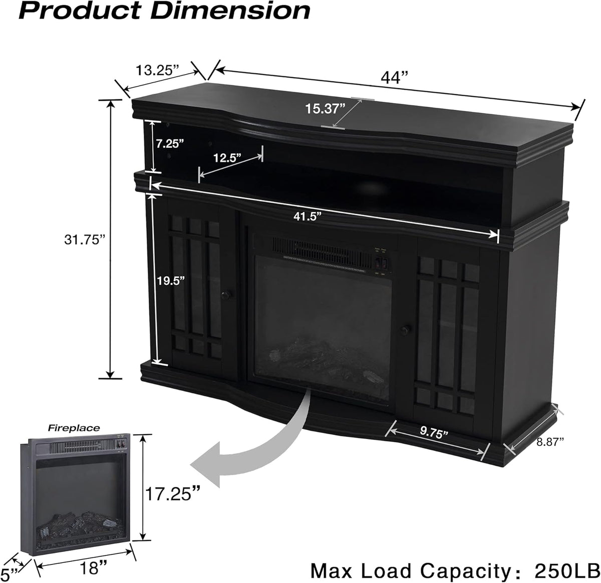 Black Electric Fireplace TV Stand with Two Tempered Glass Storage Cabinet and Adjustable Shelves O10653