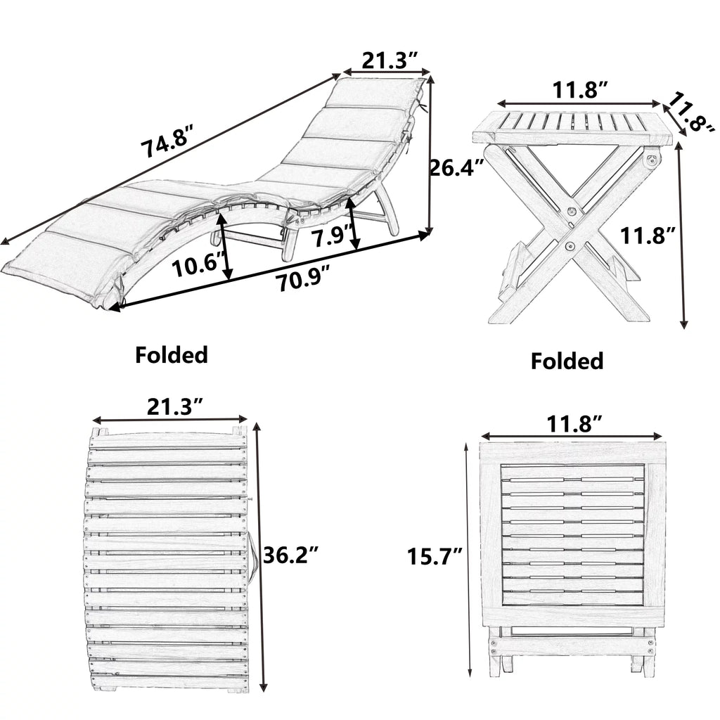Portable Wood Chaise Lounge Set with Foldable Tea Table S303