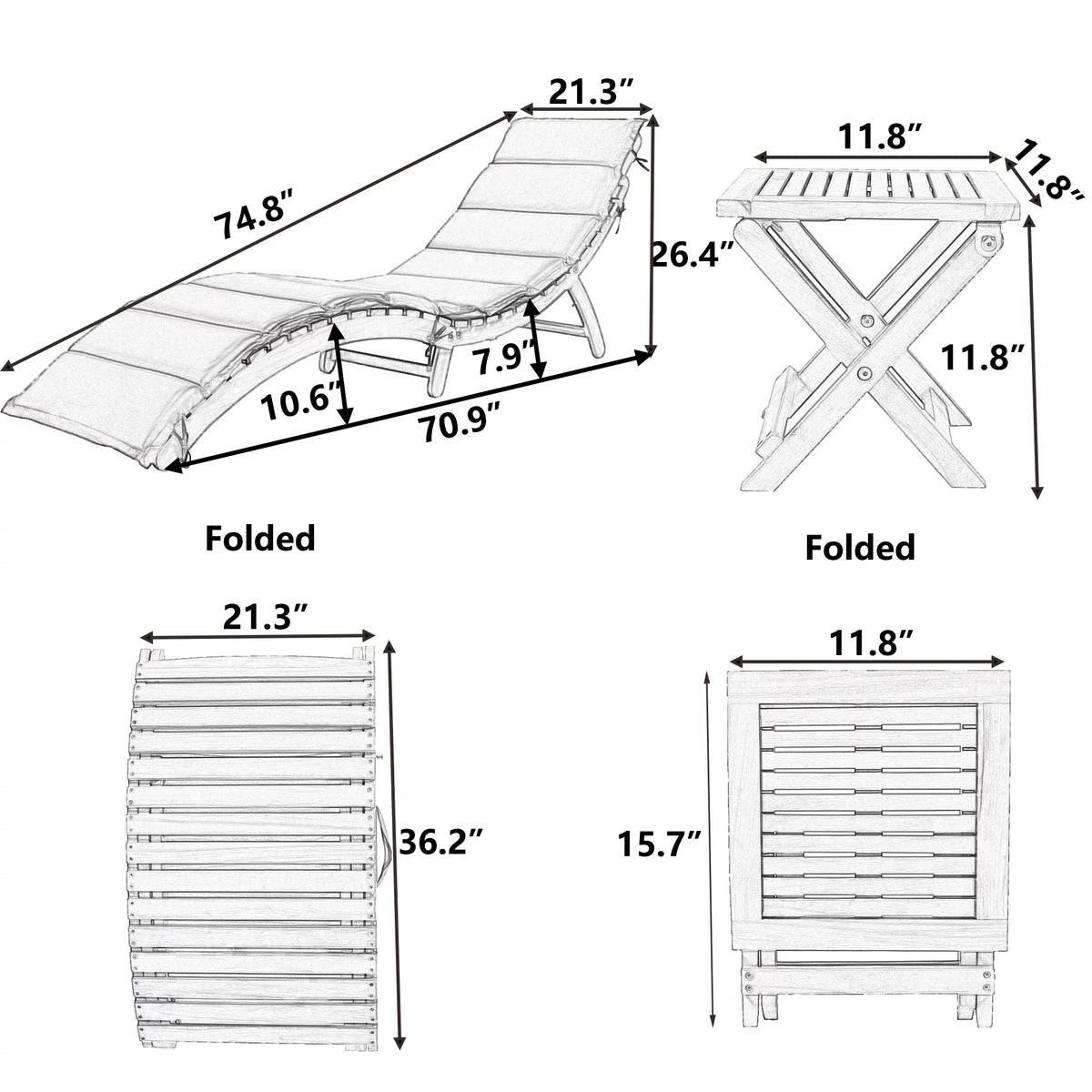 Portable Wood Chaise Lounge Set with Foldable Tea Table S303
