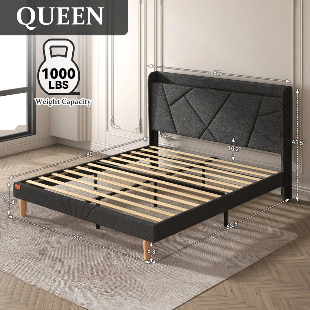 Queen Upholstered Platform Bed Frame with Wingback Storage Headboard K106