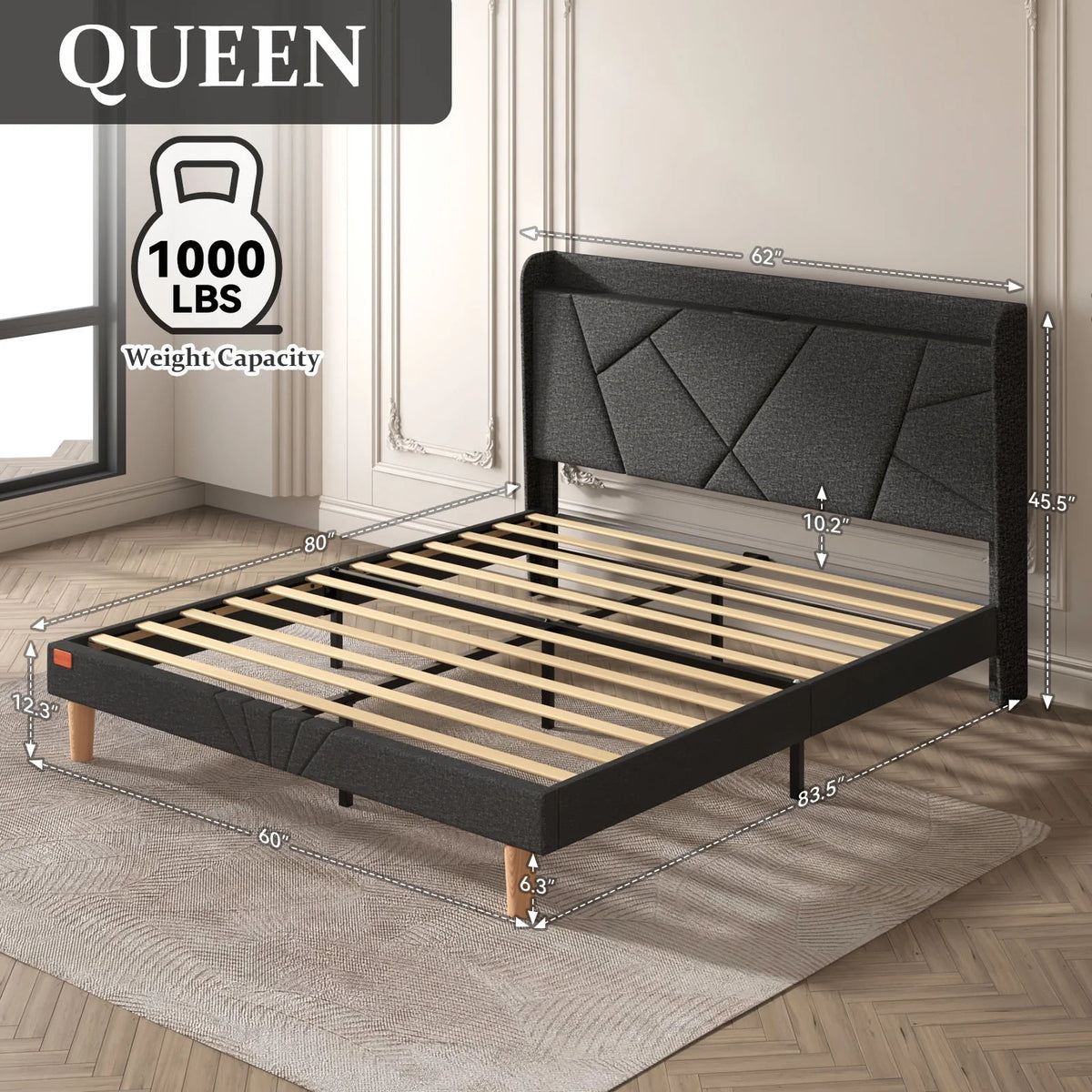 Queen Upholstered Platform Bed Frame with Wingback Storage Headboard K106