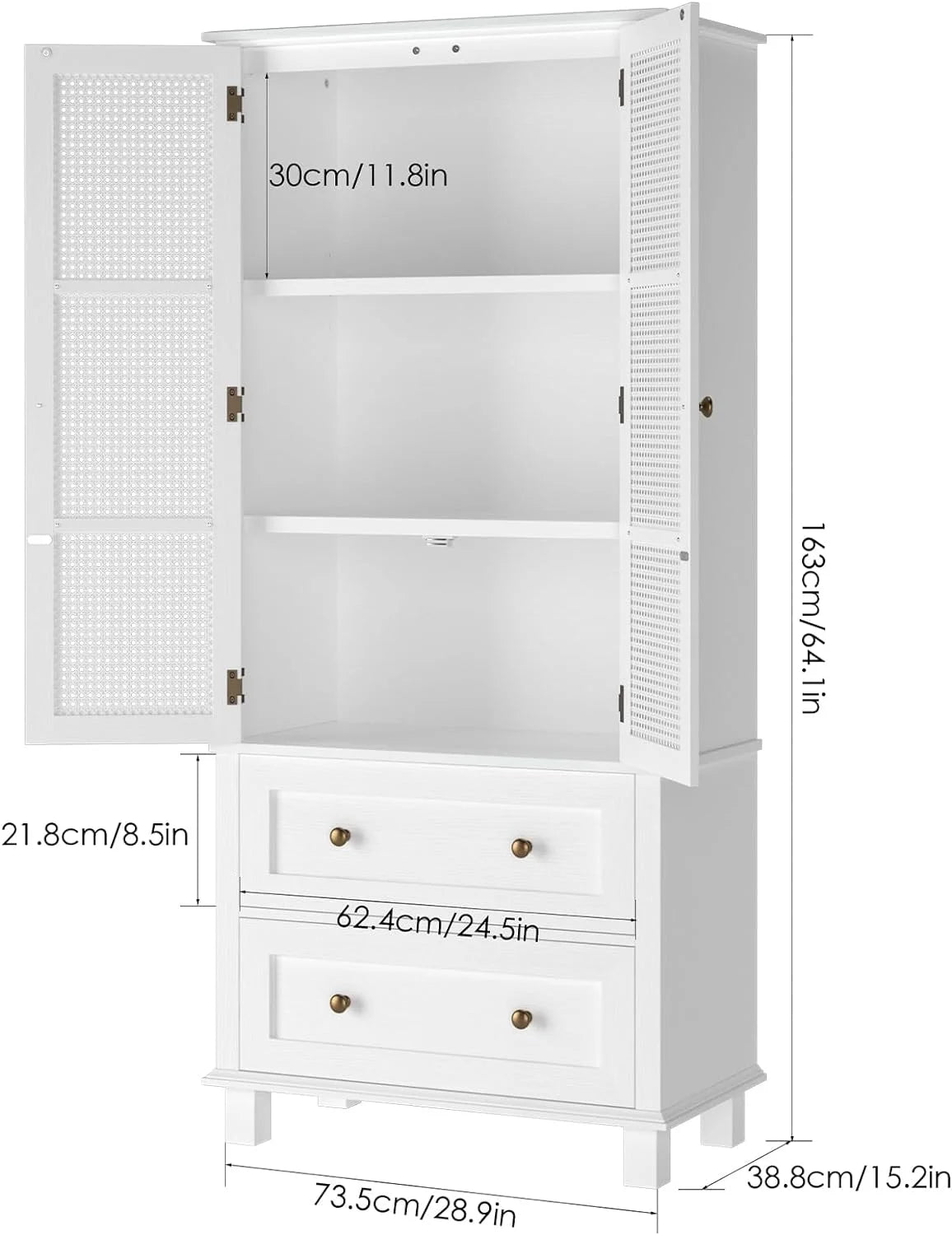 White Tall Pantry Cabinet with Rattan Doors and 2 Drawers S958120