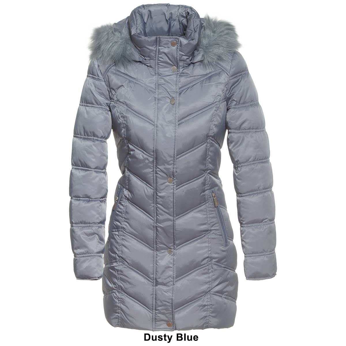 Black Chevron Quilted Coat with Faux Fur Hood D697