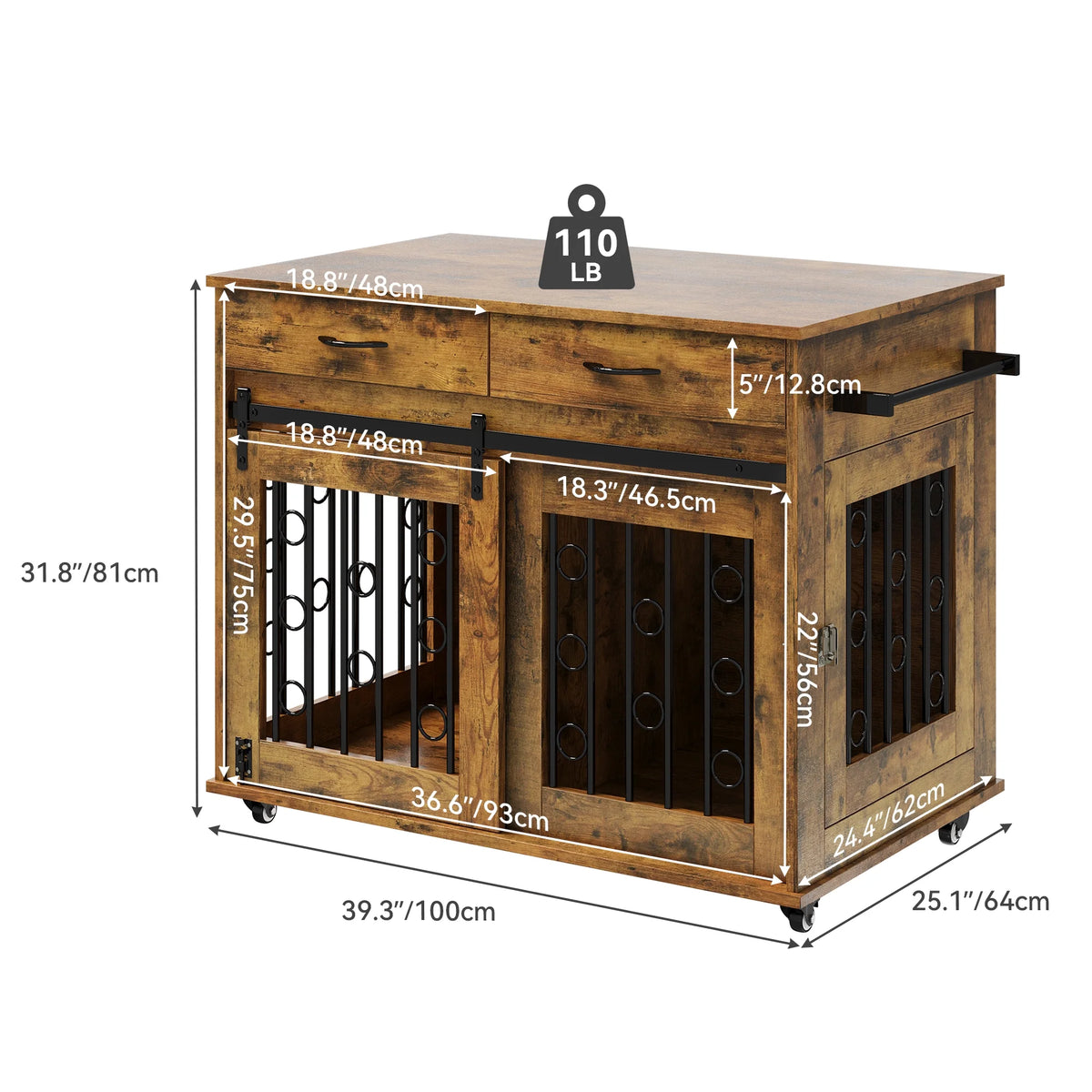 39 inch Wooden Dog Crate Furniture with Drawers O114