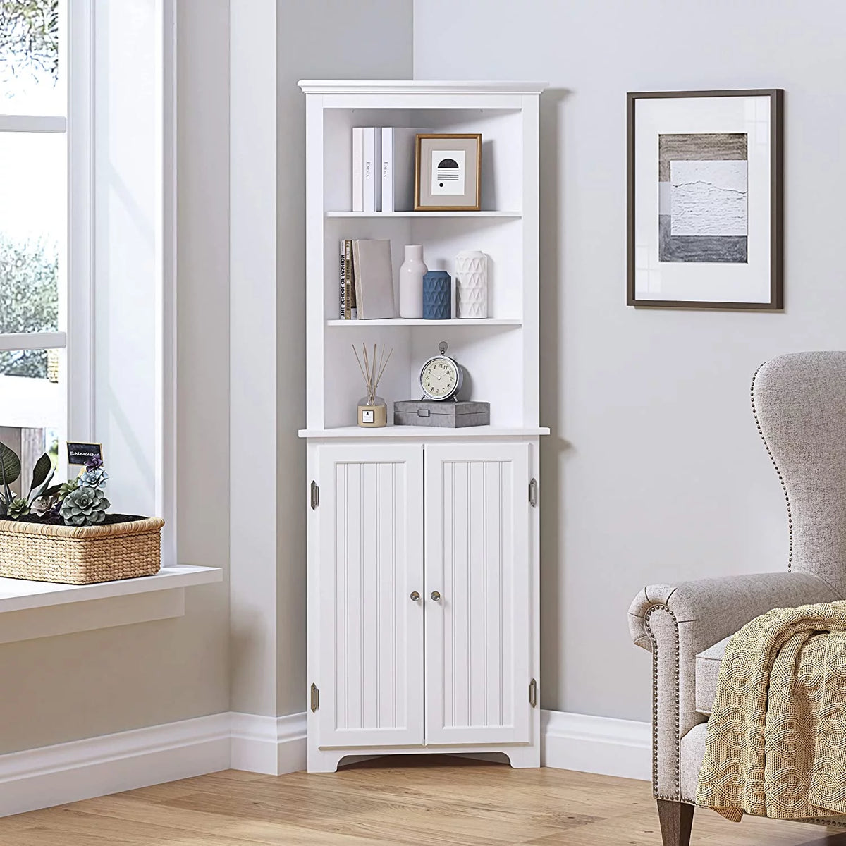 White Tall Corner Bathroom Cabinet with Doors and Hutch Y631