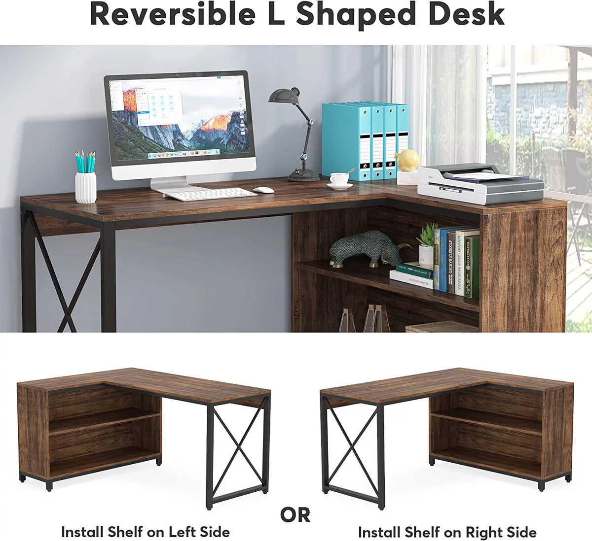 55" Reversible L Shaped Corner Computer Desk with Storage Shelves G5751
