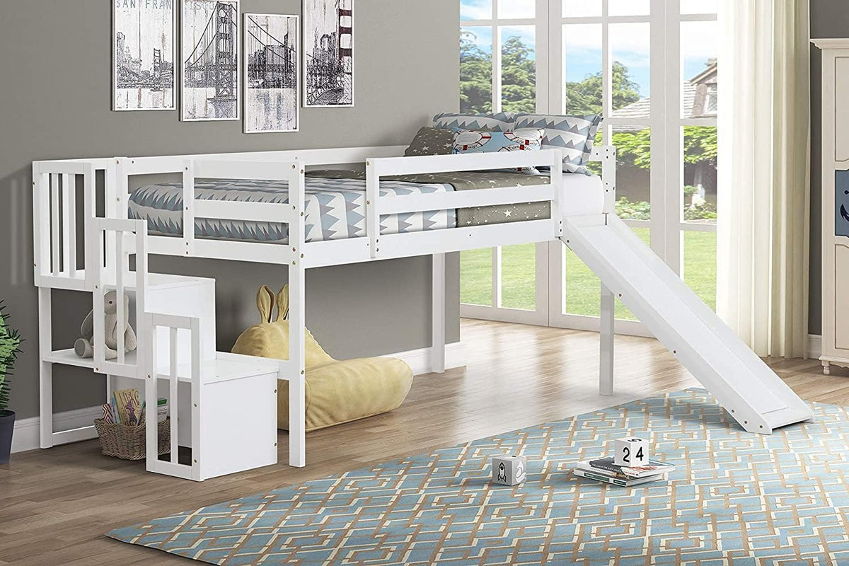 Grey Twin Over Twin Low Bunk Bed with Slide and Ladder R7562