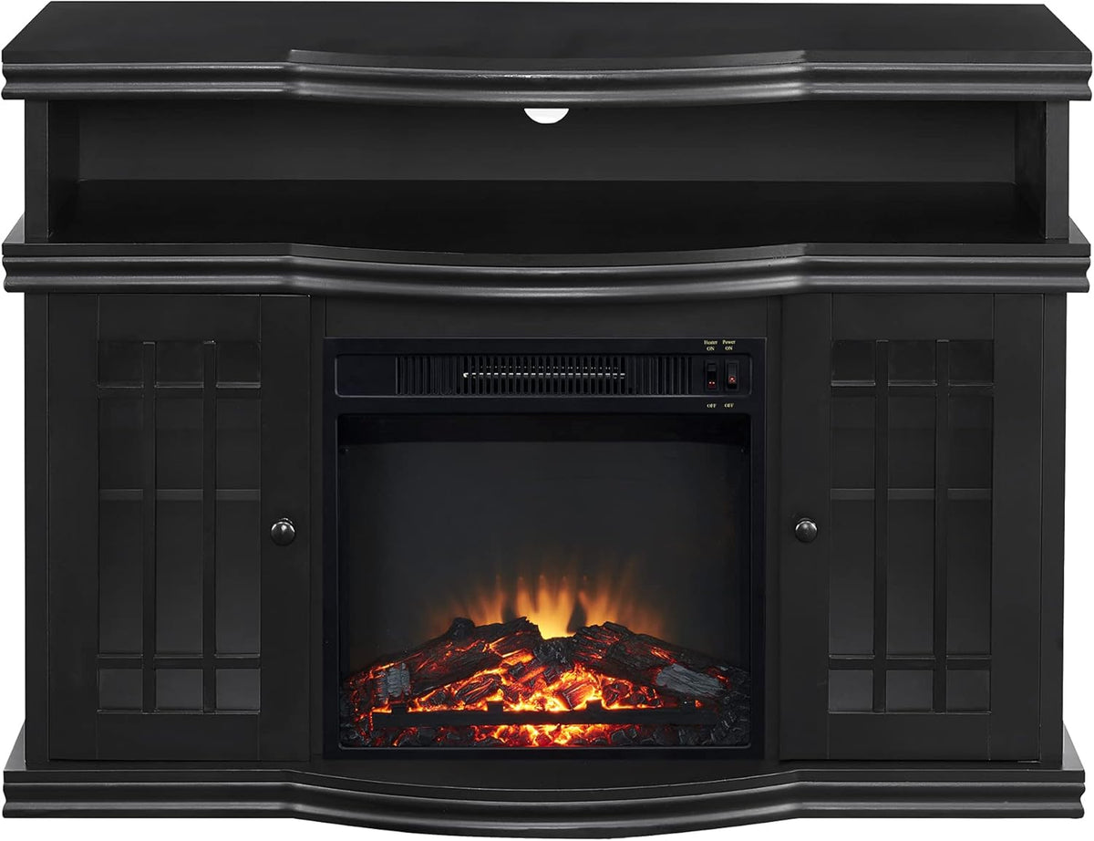 Black Electric Fireplace TV Stand with Two Tempered Glass Storage Cabinet and Adjustable Shelves O10653